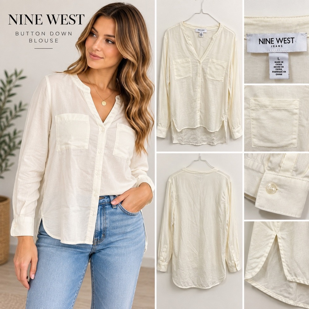 Nine West Jeans Womens Cream Button Down Blouse Long Sleeve Roll Tab Large